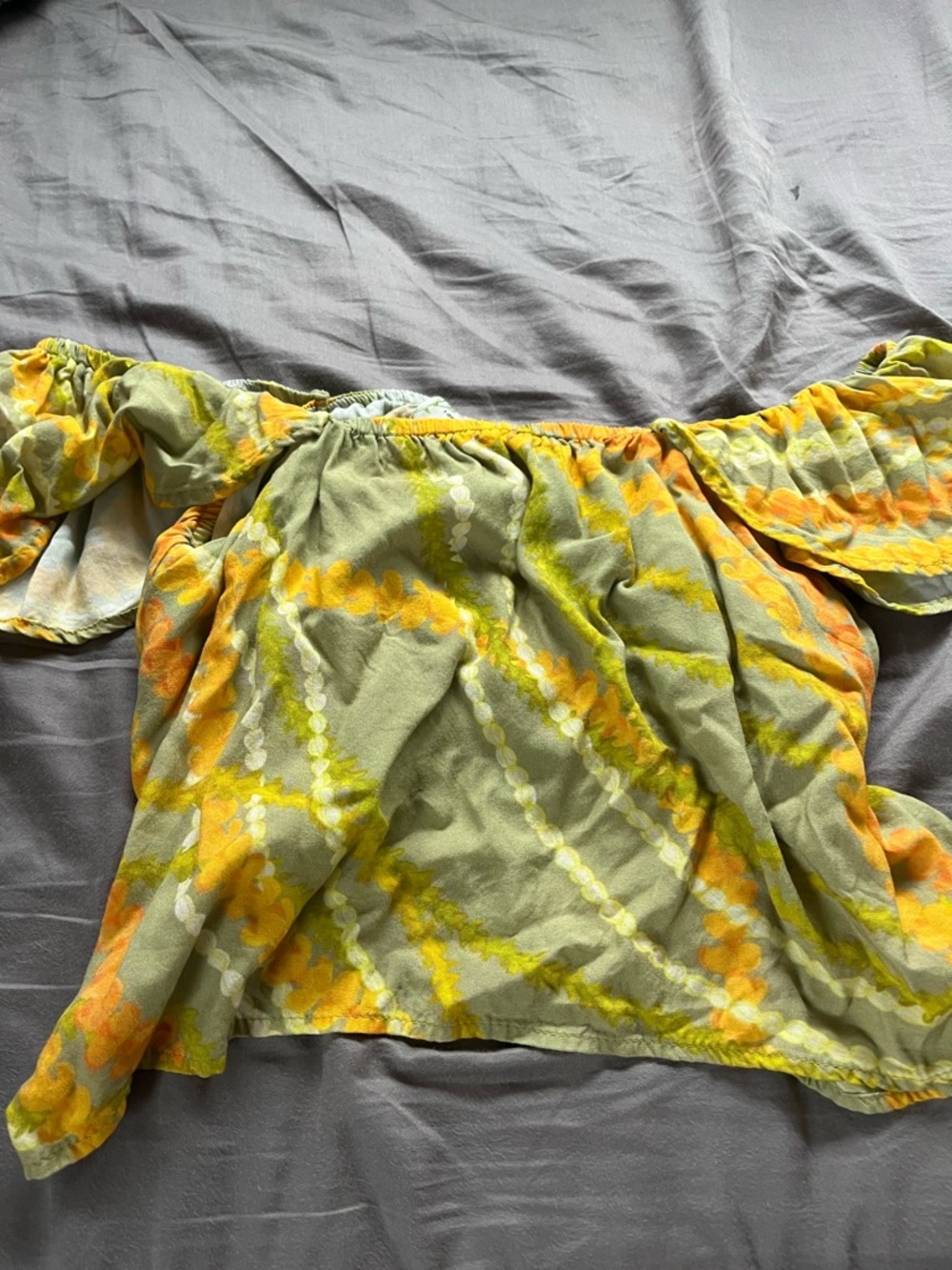 Off-Shoulder Olive Green Tie-Dye Blouse with Yellow Accents